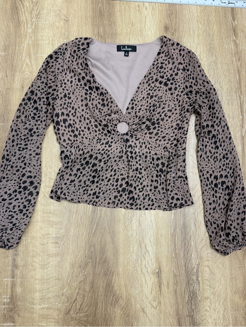 Lulu's Taupe and Black Leopard Ring-Front V-Neck Blouse